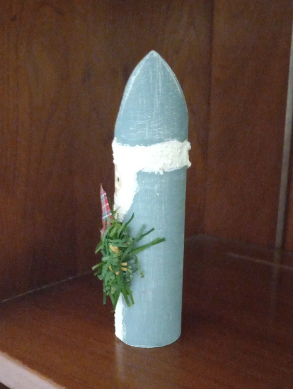 Handcrafted Powder Blue Wood Santa Holiday Figurine with Green Wreath